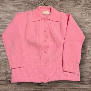 VINTAGE 70s Sears Sweater Womens Pink Acrylic Knit Wood Button Up Cardigan 40‎